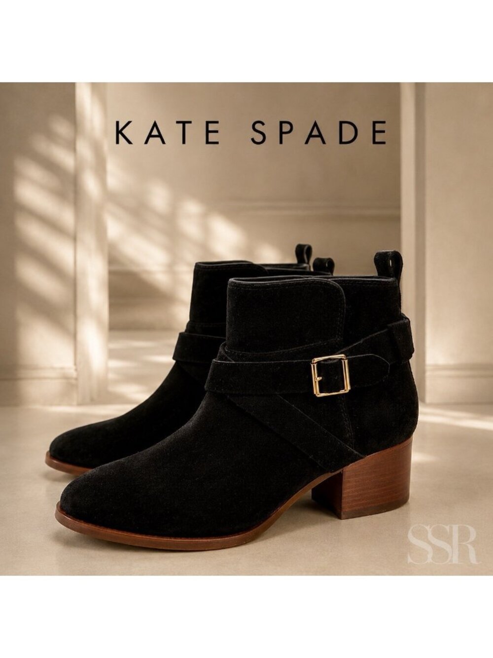 Kate Spade New York Polly Black Suede Buckle Ankle Booties Block Heel Size 9.5